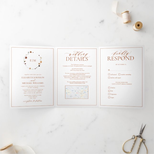 Invitación Tríptica Elegante Naranja quemado Escudo floral Monograma B (Interior)