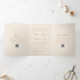 Invitación Tríptica Elegante Neutrales Terrestres QR Código Boda moder