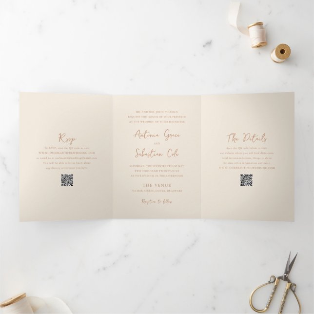 Invitación Tríptica Elegante Neutros Terrosos Código QR Boda Moderna (Interior)