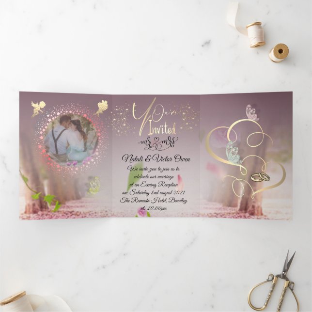 Invitación Tríptica elegante para bodas con purpurina y angel (Interior)