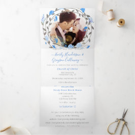 Invitación Tríptica Elegante Peonía Floral Azul Bodas  