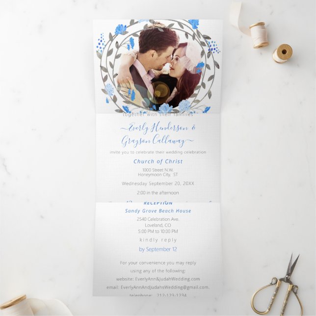 Invitación Tríptica Elegante Peonía Floral Azul Bodas   (Interior)