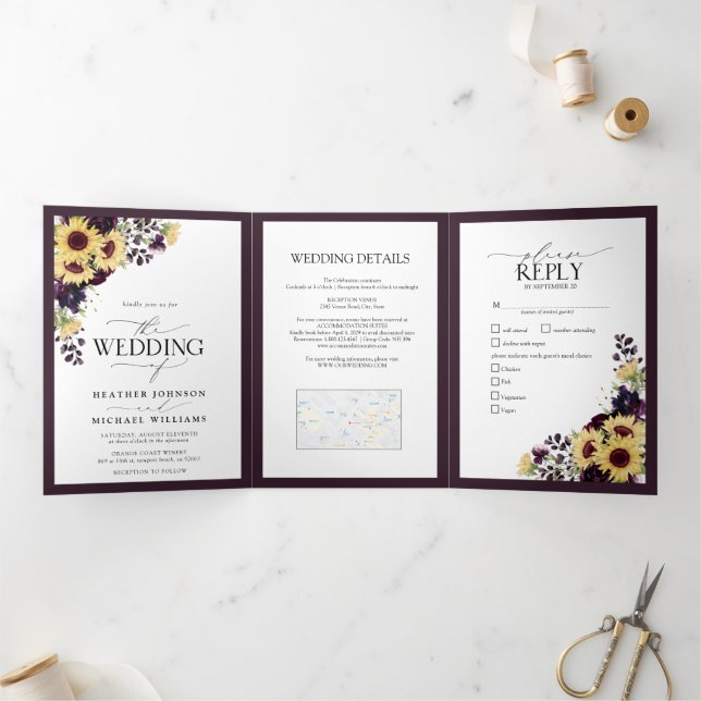 Invitación Tríptica Elegante Plum Purple Sunflower Boda de acuarela (Interior)