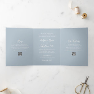 Invitación Tríptica Elegante Polvo Azul Código QR Boda moderno