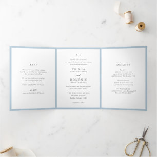 Invitación Tríptica Elegante Polvo Azul Monograma Moderno Boda