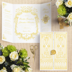 Invitación Tríptica Elegante Puerta Barroca de Oro Boda de Cuento de H