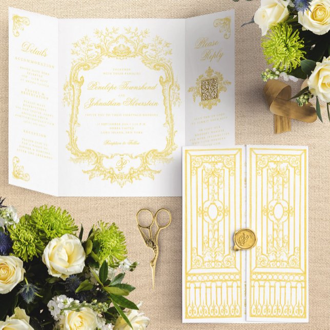 Invitación Tríptica Elegante Puerta Barroca de Oro Boda de Cuento de H (Elegant Gold Baroque Gate Fairytale Wedding Tri-Fold Invitation)