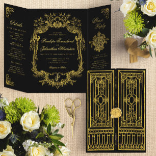 Invitación Tríptica Elegante puerta barroca de oro negro Boda de cuent