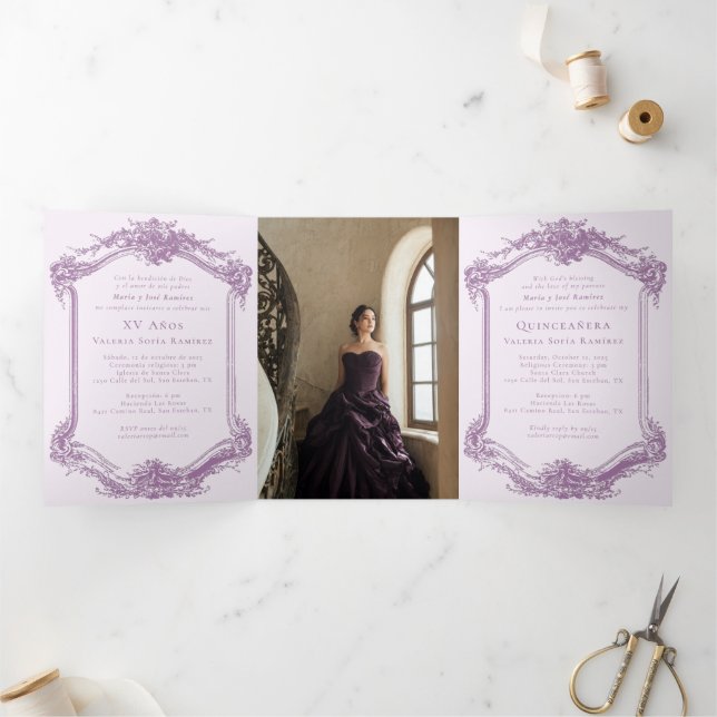 Invitación Tríptica Elegante púrpura bilingüe Quinceañera 15 cumpleaño (Interior)