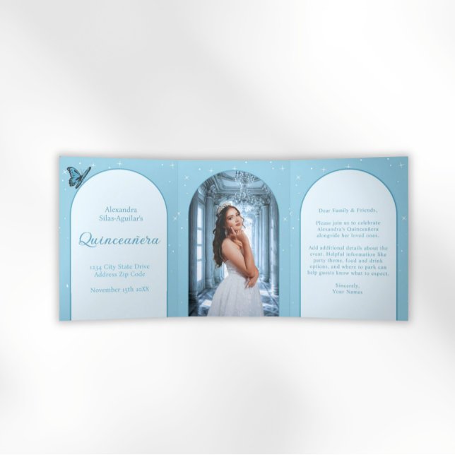 Invitación Tríptica Elegante Quinceañera azul claro - Foto Personaliza (Elegant Light Blue Quinceañera Invitations)