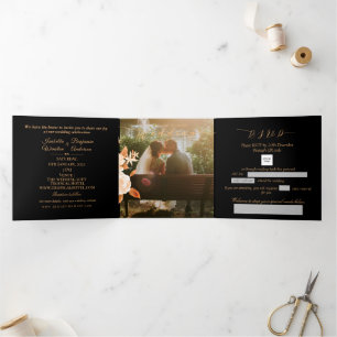 Invitación Tríptica Elegante Rosa de oro Boda negro