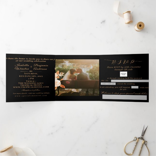 Invitación Tríptica Elegante Rosa de oro Boda negro (Interior)