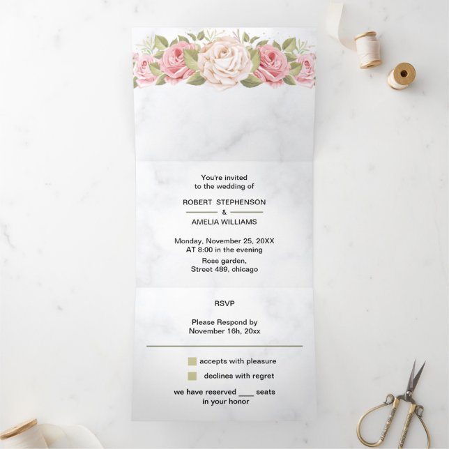 Invitación Tríptica Elegante Rosa Flor Boda personalizado (Interior)