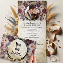 Elegante Rosa Floral Medieval Boda TriFold