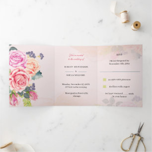 Invitación Tríptica Elegante Rosa Flower Custom Wedding