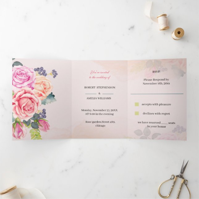 Invitación Tríptica Elegante Rosa Flower Custom Wedding (Interior)