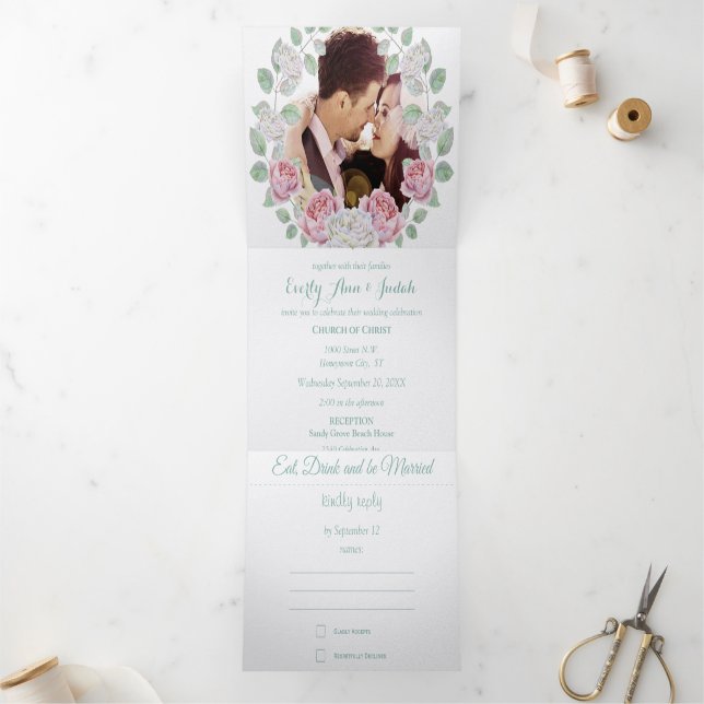 Invitación Tríptica Elegante Rosa Jardín Floral Wreath Boda (Interior)
