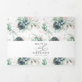 Invitación Tríptica Elegante Rosa Oro Suculento Boda de Verdor