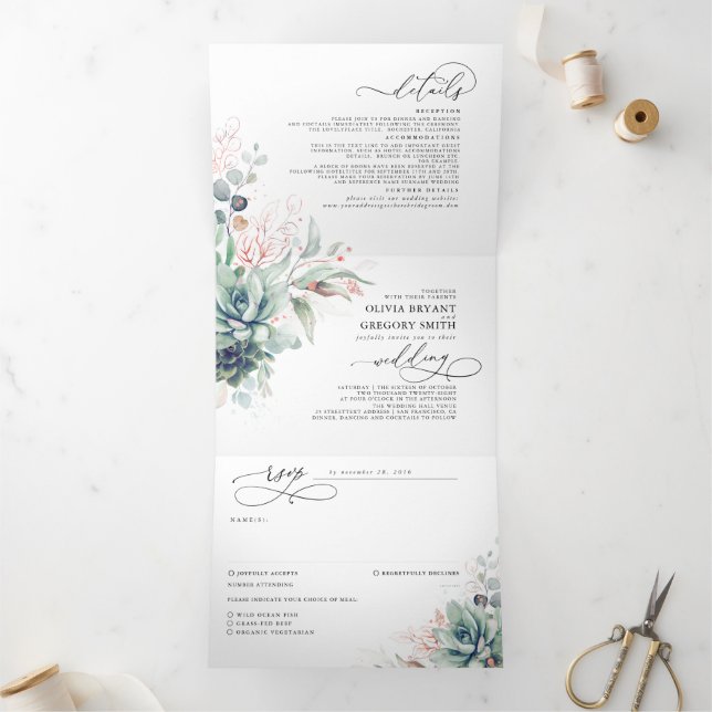 Invitación Tríptica Elegante Rosa Oro Suculento Boda de Verdor (Interior)