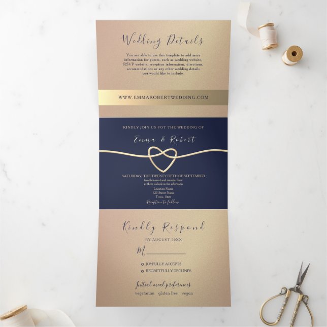 Invitación Tríptica Elegante Rosa Oro y Boda Azul de la Marina (Interior)