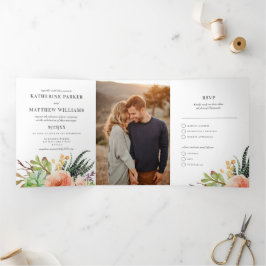 Invitación Tríptica Elegante Rosa Suculenta Todo en Uno Foto de Boda