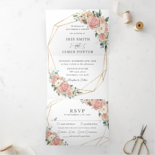 Invitación Tríptica Elegante Rubor Pink Ivory Floral Wedding RSVP