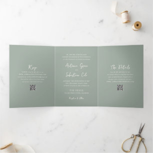 Invitación Tríptica Elegante Sage Green Código QR Boda moderno