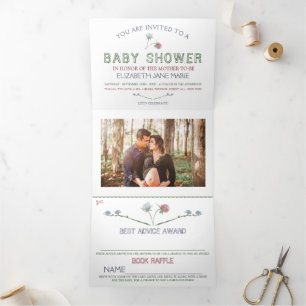 Invitación Tríptica Elegante suite Baby Shower con flores silvestres