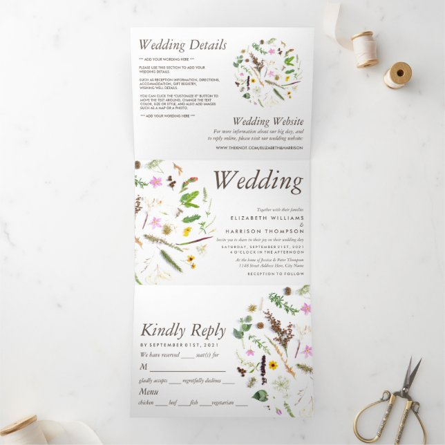 Invitación Tríptica Elegante suite Boda Botánica de Flores Silvestres (Interior)