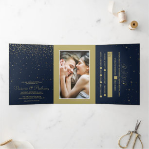 Invitación Tríptica Elegante suite Boda Navy & Gold Falling Stars