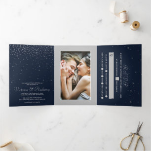 Invitación Tríptica Elegante suite Boda Navy & Silver Falling Stars