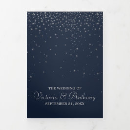 Invitación Tríptica Elegante suite Boda Navy & Silver Falling Stars