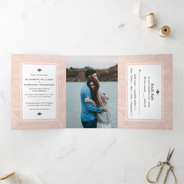 Invitación Tríptica Elegante suite nupcial de Rosa de mármol (Interior)