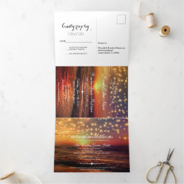 Invitación Tríptica Elegante Sunset Beach String Luces Boda de verano
