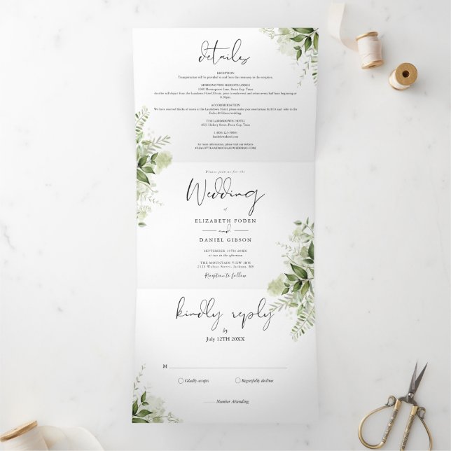 Invitación Tríptica Elegante vegetación botánica deja Boda fotográfico (Interior)