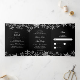 Invitación Tríptica Elegantes copos de nieve Boda de Invierno Blanco y