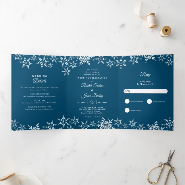 Invitación Tríptica Elegantes copos de nieve Boda de invierno de la Ma (Interior)