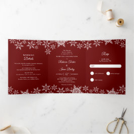 Invitación Tríptica Elegantes copos de nieve Navidades rojos Boda de I
