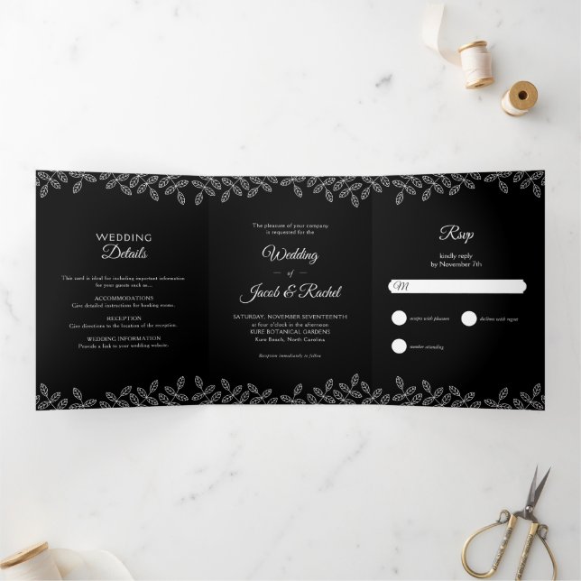 Invitación Tríptica Elegantes hojas Boda blanco y negro (Interior)
