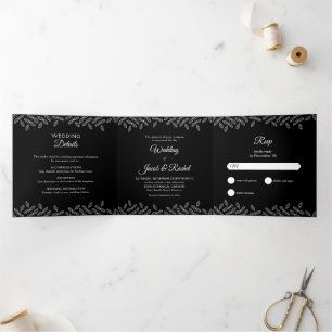 Invitación Tríptica Elegantes hojas Boda blanco y negro Tri-Fold Invi