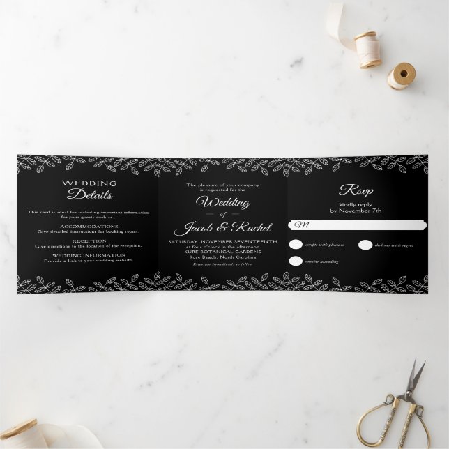 Invitación Tríptica Elegantes hojas Boda blanco y negro Tri-Fold Invi (Interior)