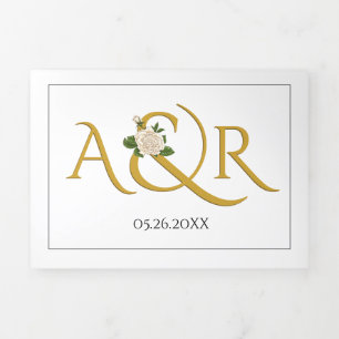 Invitación Tríptica Elegantes iniciales de oro con ampersand, boda ros