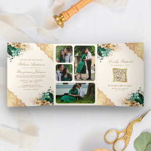 Invitación Tríptica Emerald Floral Gold Lace QR código Cream Boda