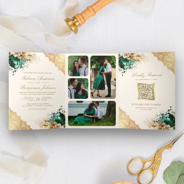 Invitación Tríptica Emerald Floral Gold Lace QR código Cream Boda (Subido por el creador)