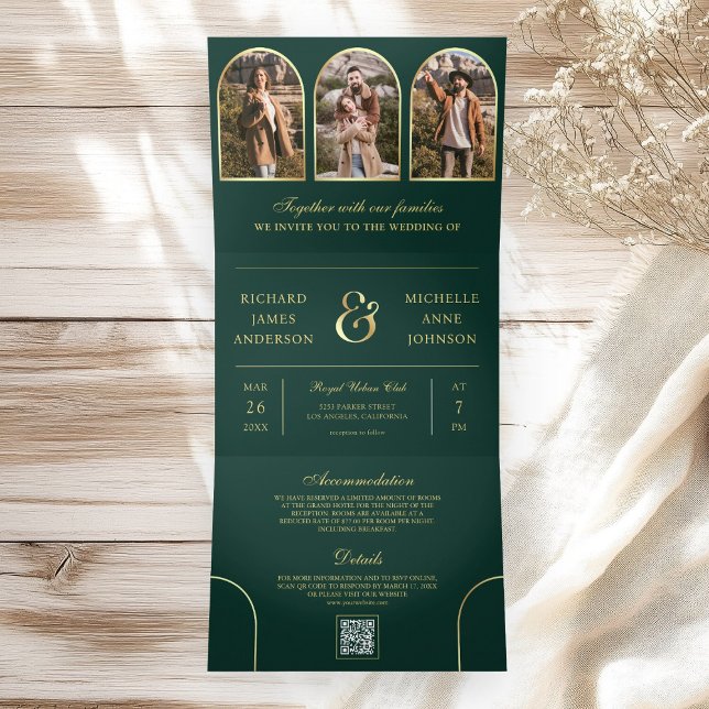Invitación Tríptica Emerald Gold Minimal Arch Photo QR code Wedding (Subido por el creador)
