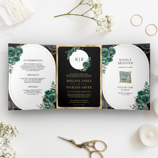Invitación Tríptica Emerald Green Floral Black Marble QR Code Wedding (Subido por el creador)
