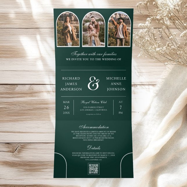 Invitación Tríptica Emerald Green Minimal Arch Photo QR code Wedding (Subido por el creador)