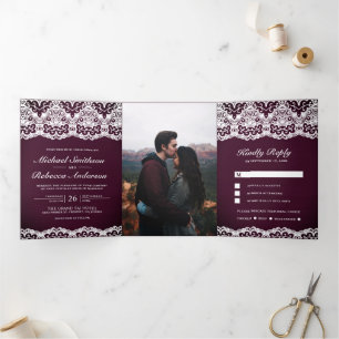 Invitación Tríptica Encaje Country Plum Wood Todo en Uno Boda