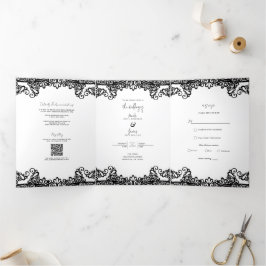 Invitación Tríptica Encaje Negro y Blanco Boda Elegante