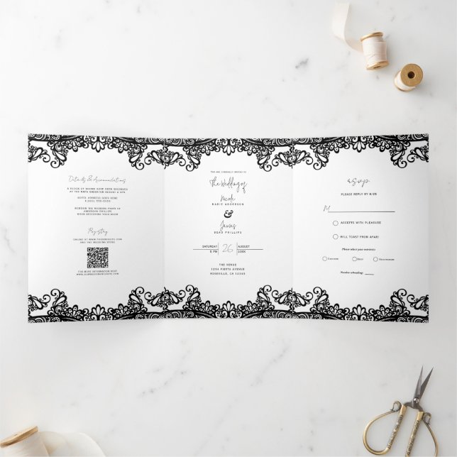 Invitación Tríptica Encaje negro y blanco Elegante boda      (Interior)